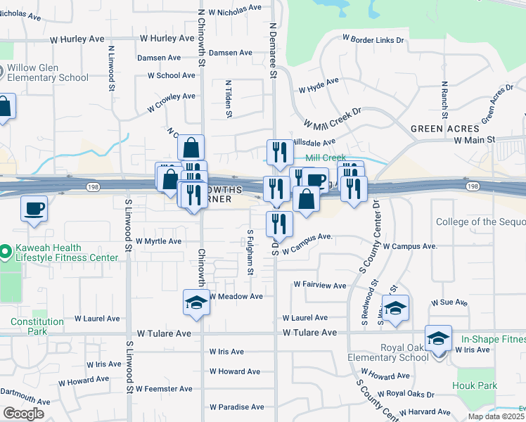 map of restaurants, bars, coffee shops, grocery stores, and more near 615 South Demaree Street in Visalia