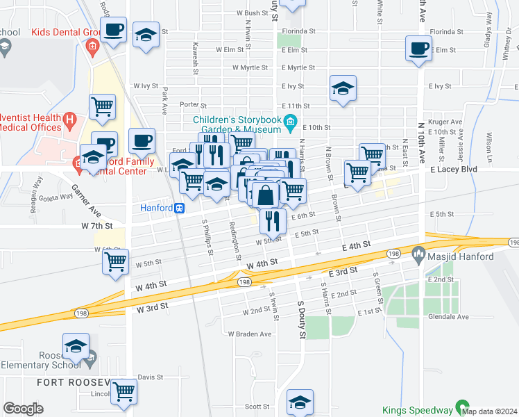 map of restaurants, bars, coffee shops, grocery stores, and more near 116 North Irwin Street in Hanford