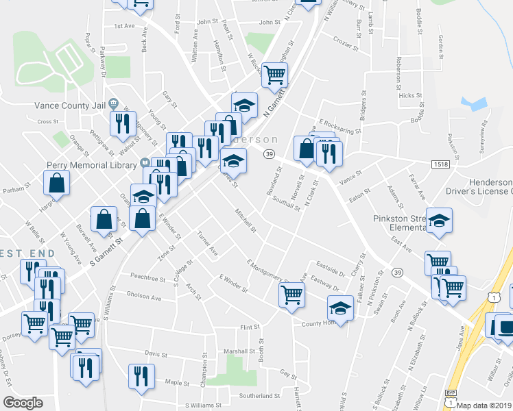 map of restaurants, bars, coffee shops, grocery stores, and more near 219 North College Street in Henderson