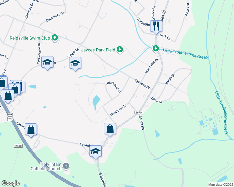map of restaurants, bars, coffee shops, grocery stores, and more near 701 Briarwood Street in Reidsville