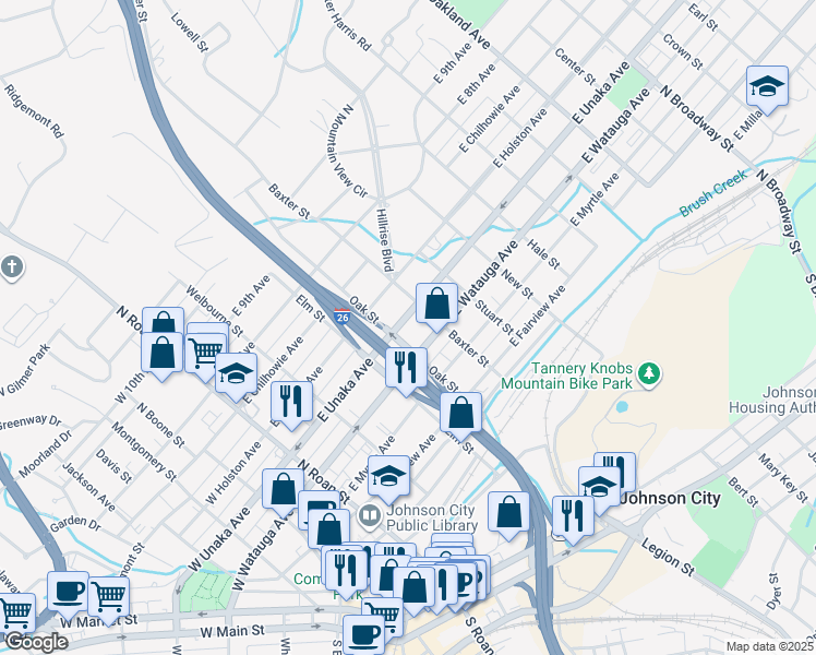 map of restaurants, bars, coffee shops, grocery stores, and more near 400 East Unaka Avenue in Johnson City