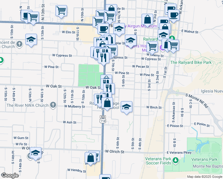 map of restaurants, bars, coffee shops, grocery stores, and more near 909 S 8th St in Rogers