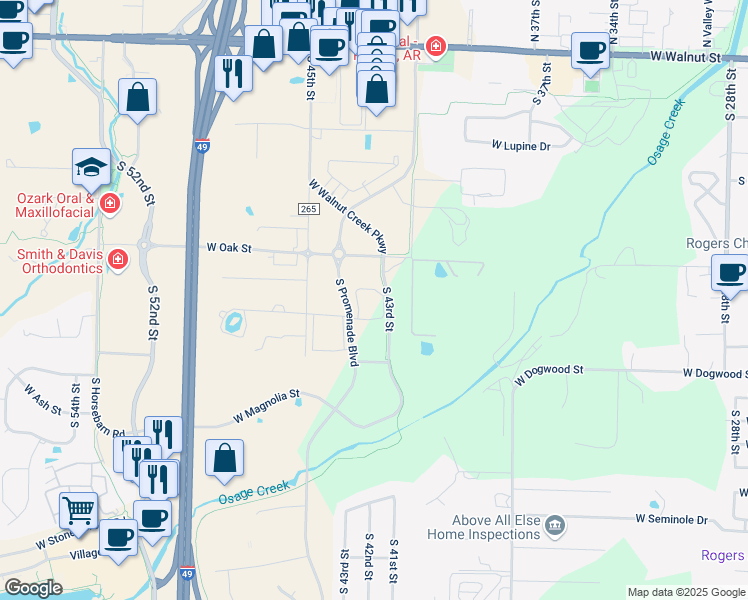 map of restaurants, bars, coffee shops, grocery stores, and more near 1101 South Promenade Boulevard in Rogers