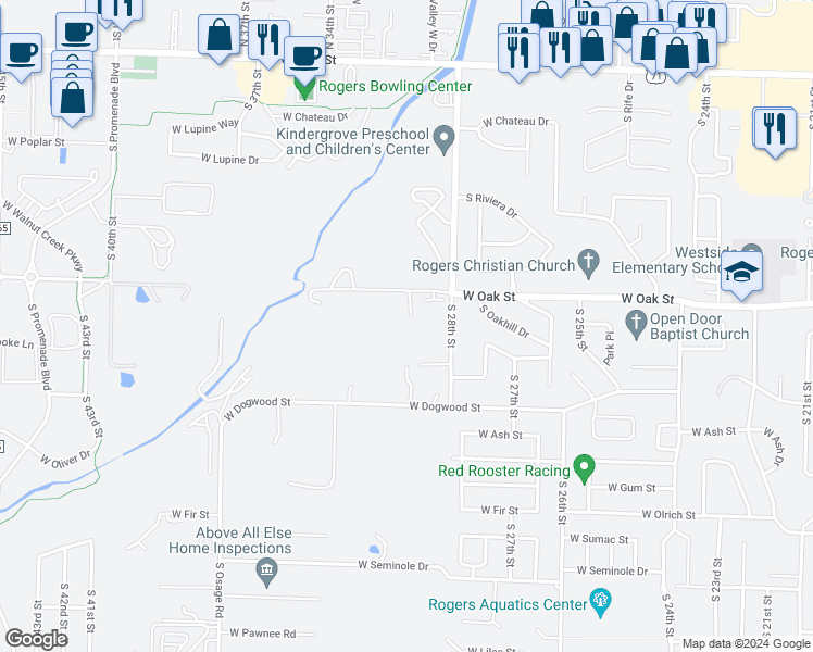 map of restaurants, bars, coffee shops, grocery stores, and more near 924 South Lafayette Street in Rogers