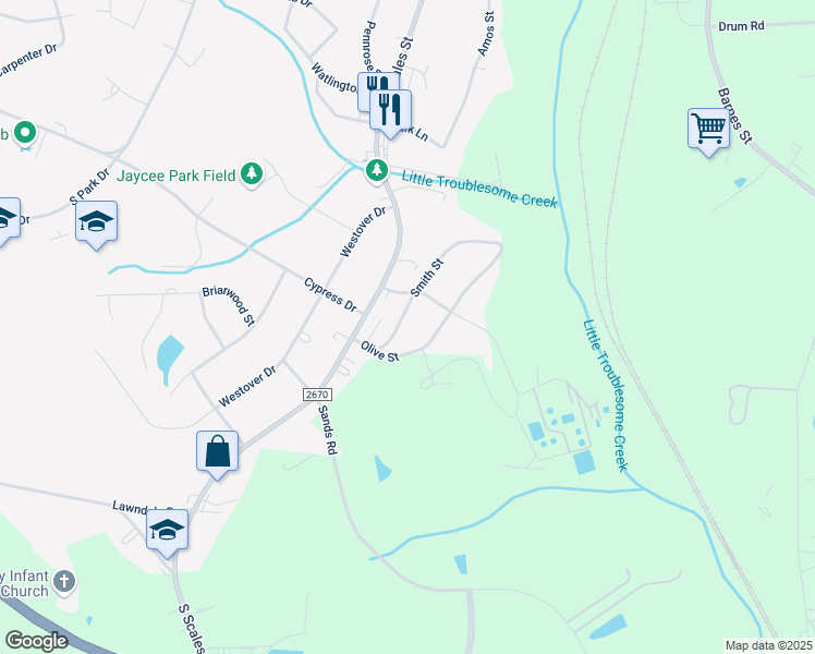 map of restaurants, bars, coffee shops, grocery stores, and more near 2225 Smith Street in Reidsville
