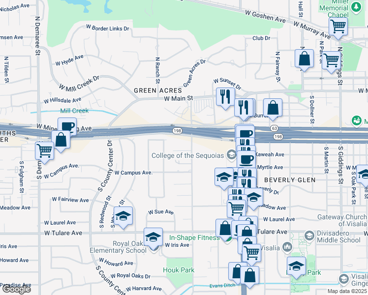 map of restaurants, bars, coffee shops, grocery stores, and more near 2406 West Pecan Court in Visalia