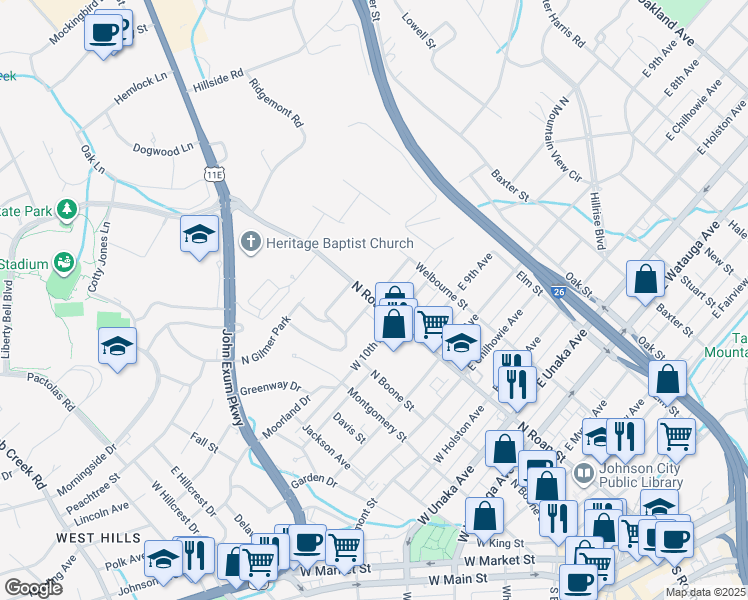 map of restaurants, bars, coffee shops, grocery stores, and more near in Johnson City