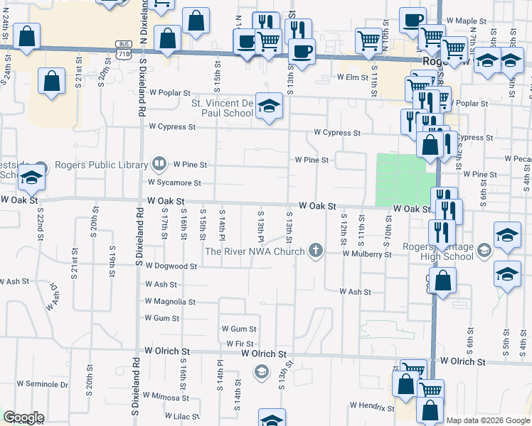 map of restaurants, bars, coffee shops, grocery stores, and more near 906 South 13th Street in Rogers