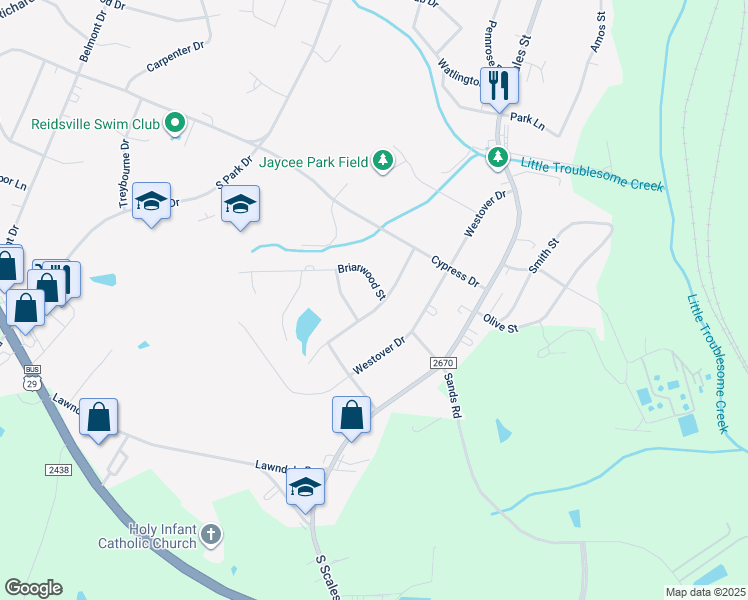 map of restaurants, bars, coffee shops, grocery stores, and more near 701 Briarwood Street in Reidsville