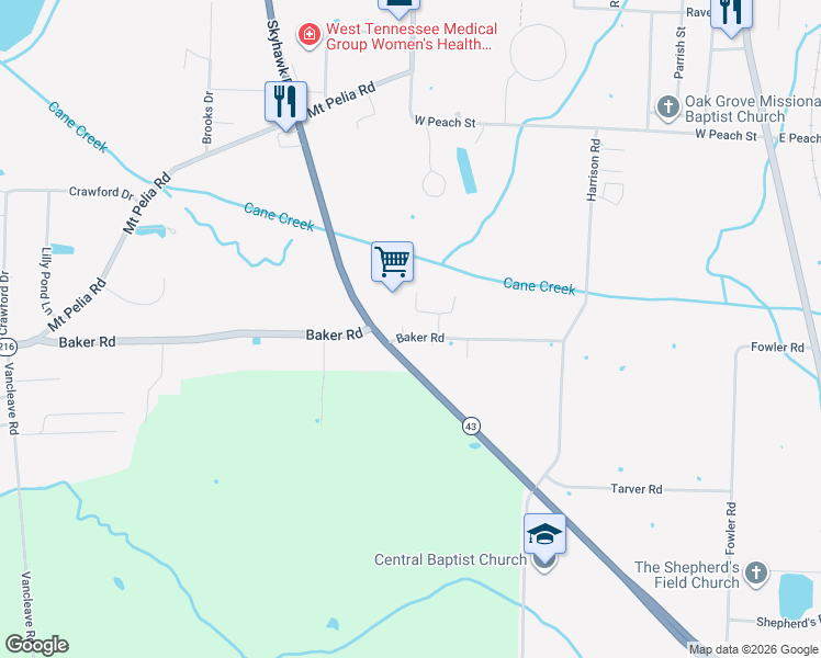 map of restaurants, bars, coffee shops, grocery stores, and more near 540 Baker Road in Martin
