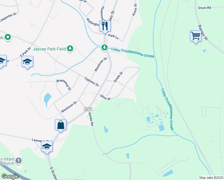 map of restaurants, bars, coffee shops, grocery stores, and more near 2211 Smith Street in Reidsville