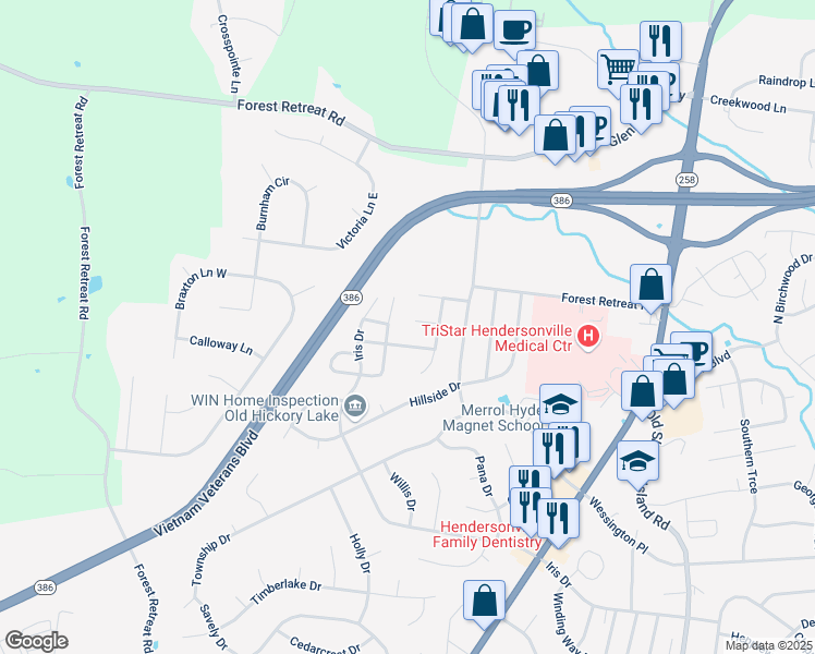 map of restaurants, bars, coffee shops, grocery stores, and more near 107 Valley View Court in Hendersonville