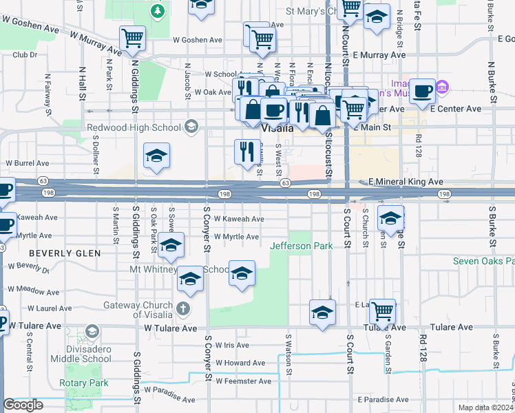 map of restaurants, bars, coffee shops, grocery stores, and more near 501 South Willis Street in Visalia