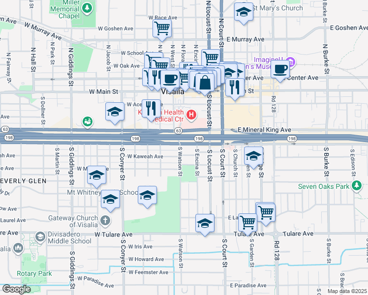 map of restaurants, bars, coffee shops, grocery stores, and more near 305 West Kaweah Avenue in Visalia