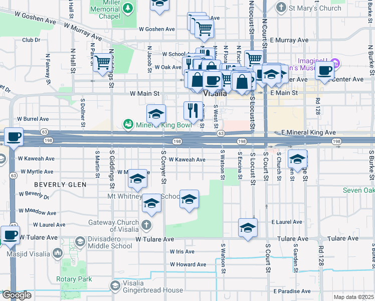 map of restaurants, bars, coffee shops, grocery stores, and more near 715 West Kaweah Avenue in Visalia