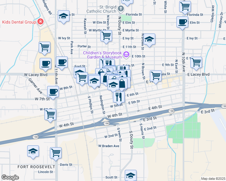 map of restaurants, bars, coffee shops, grocery stores, and more near 116 North Irwin Street in Hanford