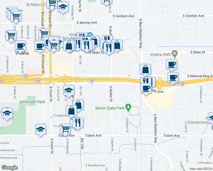 map of restaurants, bars, coffee shops, grocery stores, and more near 815 East Noble Avenue in Visalia
