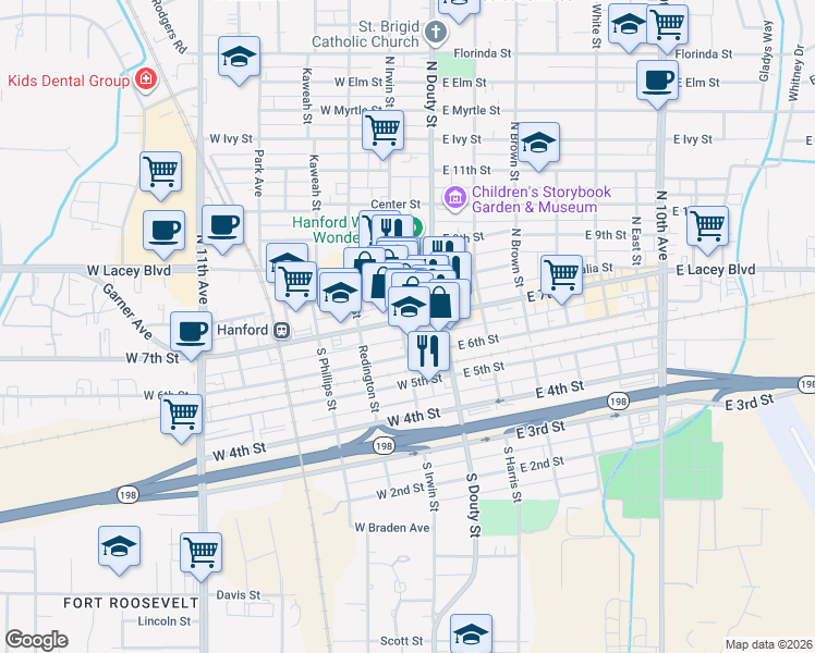 map of restaurants, bars, coffee shops, grocery stores, and more near 116 North Irwin Street in Hanford