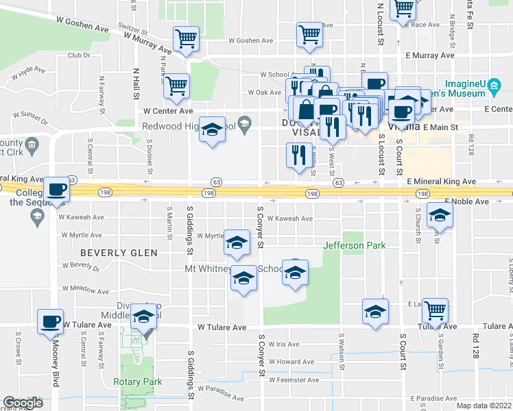map of restaurants, bars, coffee shops, grocery stores, and more near 907 West Noble Avenue in Visalia