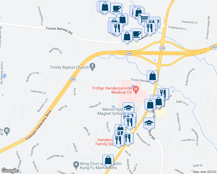 map of restaurants, bars, coffee shops, grocery stores, and more near 115 Overlook Drive in Hendersonville