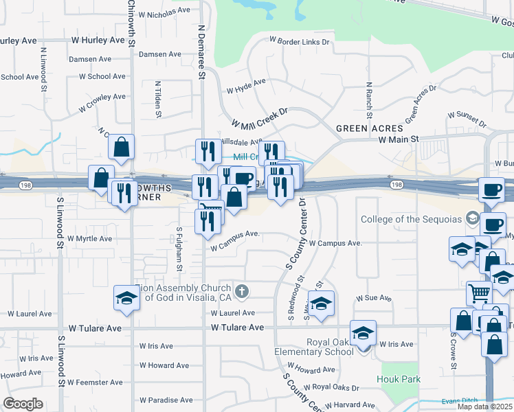 map of restaurants, bars, coffee shops, grocery stores, and more near 3247 West Noble Avenue in Visalia