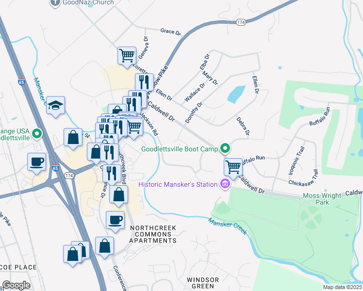 map of restaurants, bars, coffee shops, grocery stores, and more near 408 Jackson Road in Goodlettsville