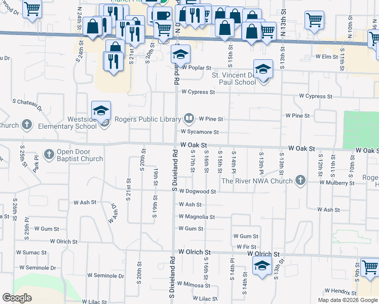 map of restaurants, bars, coffee shops, grocery stores, and more near 906 South 17th Street in Rogers