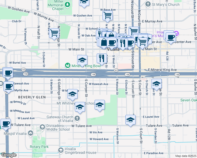 map of restaurants, bars, coffee shops, grocery stores, and more near 715 West Kaweah Avenue in Visalia