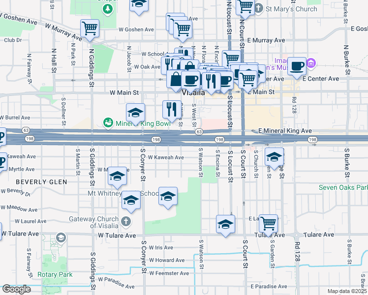 map of restaurants, bars, coffee shops, grocery stores, and more near Highway 198 in Visalia
