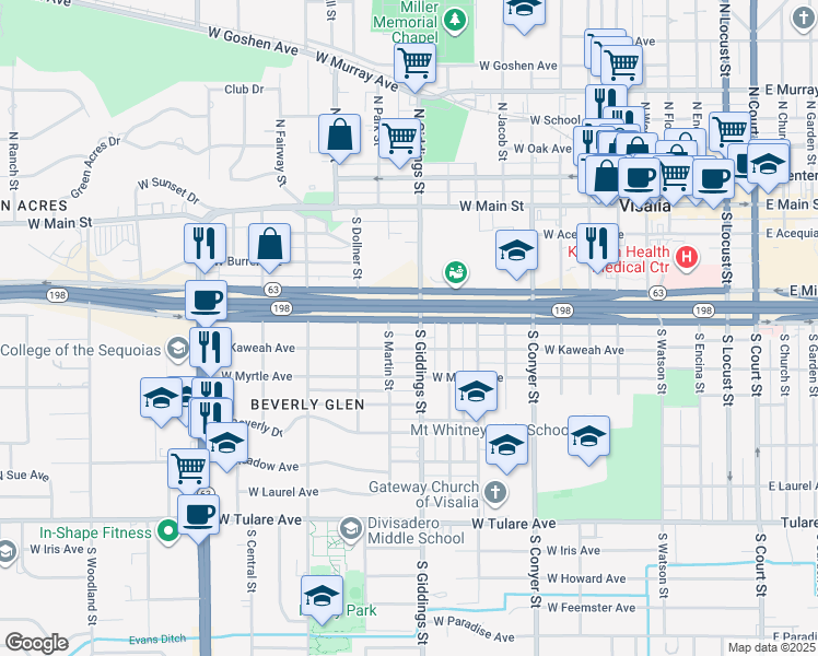 map of restaurants, bars, coffee shops, grocery stores, and more near in Visalia