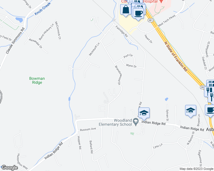 map of restaurants, bars, coffee shops, grocery stores, and more near 114 Norris Jones Drive in Johnson City