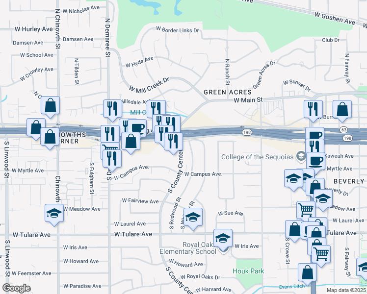 map of restaurants, bars, coffee shops, grocery stores, and more near 520 South County Center Drive in Visalia