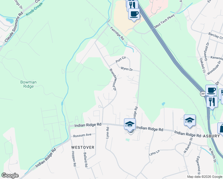 map of restaurants, bars, coffee shops, grocery stores, and more near 195 Brandonwood Drive in Johnson City