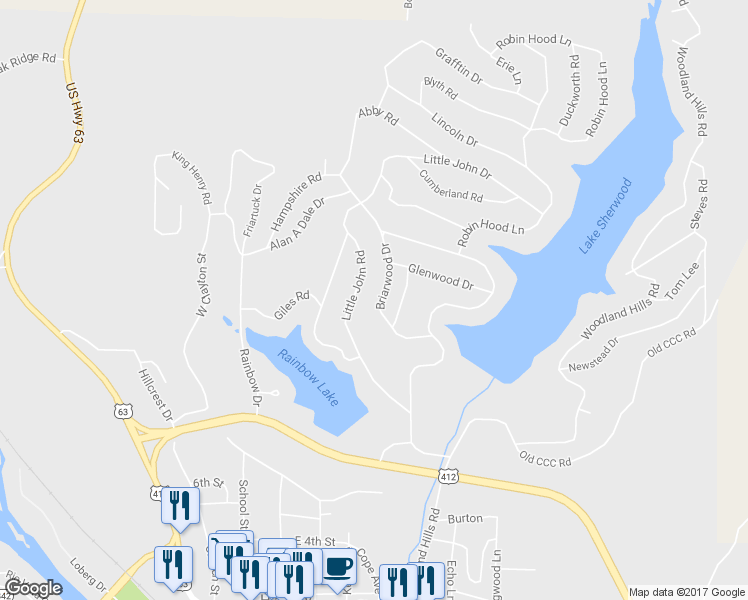 map of restaurants, bars, coffee shops, grocery stores, and more near 127 Briarwood Drive in Hardy