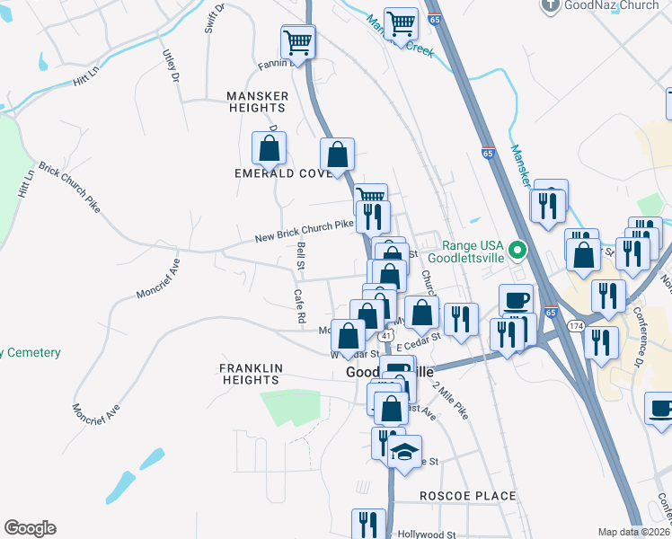 map of restaurants, bars, coffee shops, grocery stores, and more near 417 Bell Street in Goodlettsville