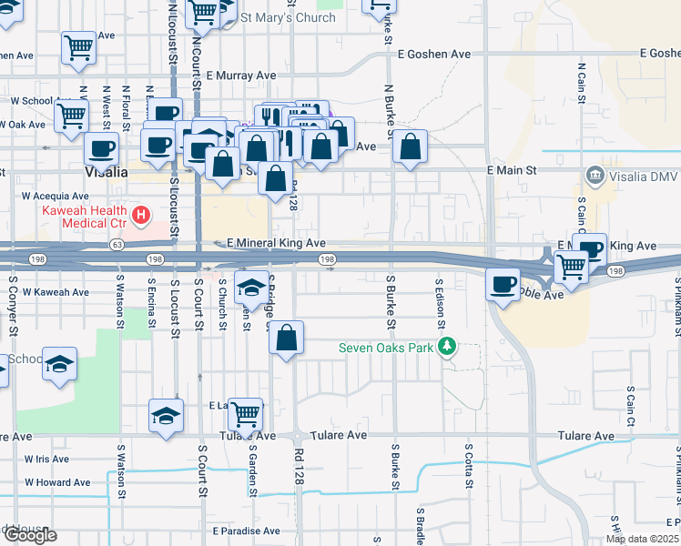 map of restaurants, bars, coffee shops, grocery stores, and more near State Highway 198 in Visalia