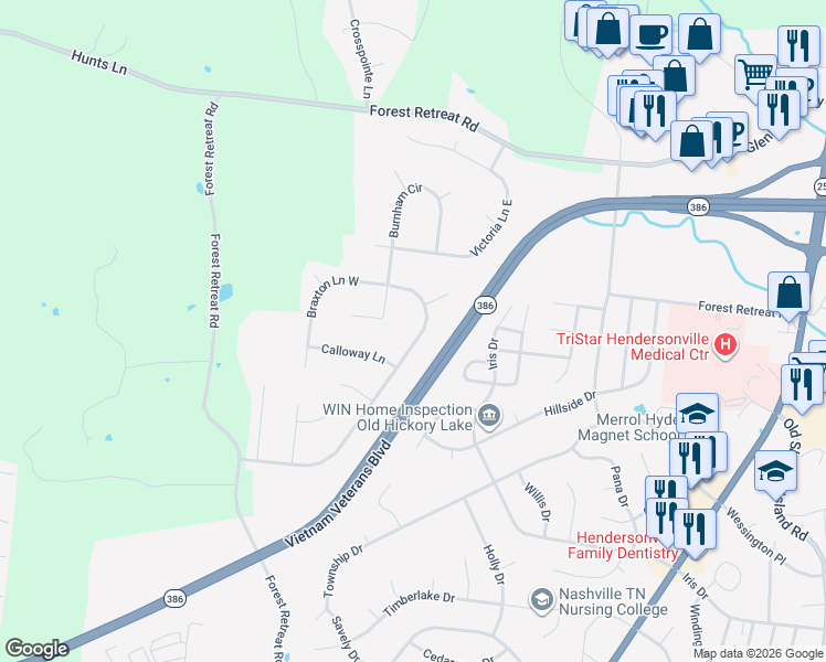 map of restaurants, bars, coffee shops, grocery stores, and more near 112 Braxton Lane East in Hendersonville