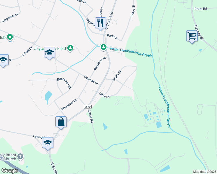 map of restaurants, bars, coffee shops, grocery stores, and more near 2210 Smith Street in Reidsville
