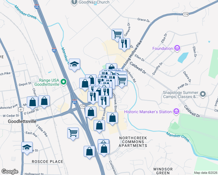 map of restaurants, bars, coffee shops, grocery stores, and more near Long Hollow Pike & Northcreek Blvd in Goodlettsville