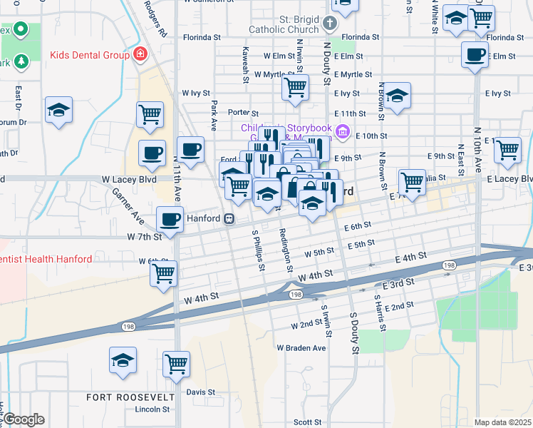 map of restaurants, bars, coffee shops, grocery stores, and more near 295 North Redington Street in Hanford