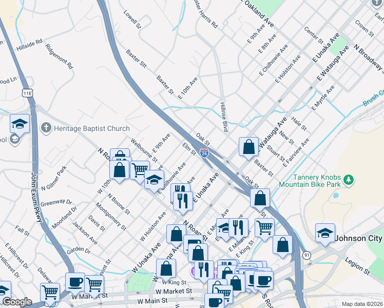 map of restaurants, bars, coffee shops, grocery stores, and more near 266 E Chilhowie Ave in Johnson City