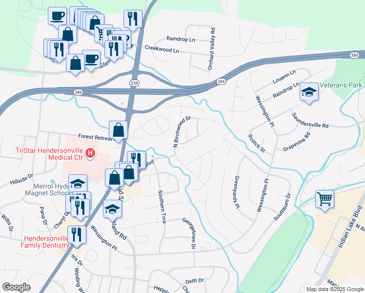 map of restaurants, bars, coffee shops, grocery stores, and more near 104 Oak Leaf Drive in Hendersonville