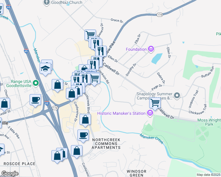 map of restaurants, bars, coffee shops, grocery stores, and more near 375 Jackson Road in Goodlettsville