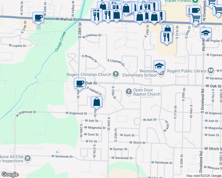 map of restaurants, bars, coffee shops, grocery stores, and more near 2416 West Oak Street in Rogers