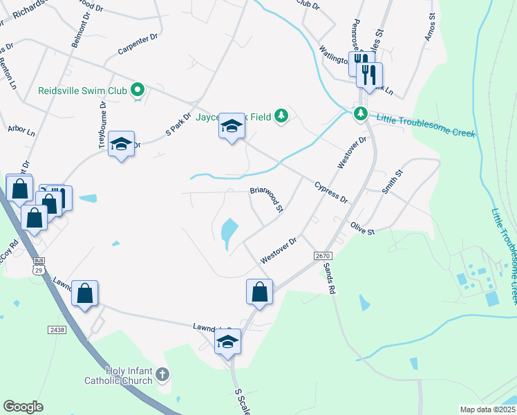 map of restaurants, bars, coffee shops, grocery stores, and more near 710 Frazier Lane in Reidsville