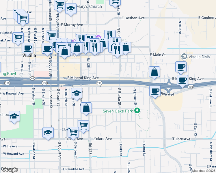 map of restaurants, bars, coffee shops, grocery stores, and more near Highway 198 in Visalia