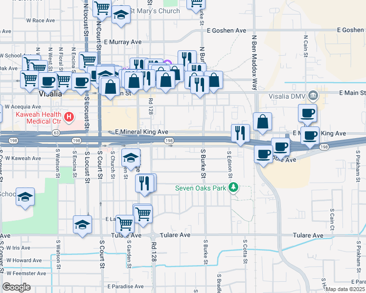 map of restaurants, bars, coffee shops, grocery stores, and more near Highway 198 in Visalia