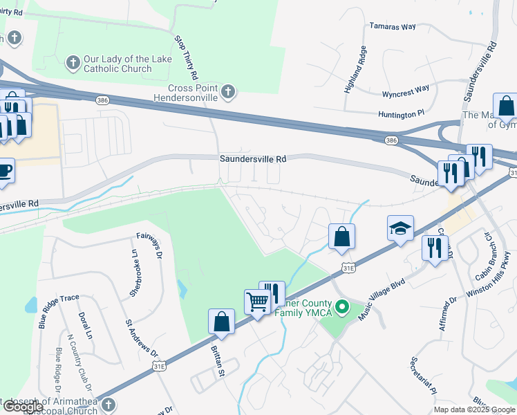 map of restaurants, bars, coffee shops, grocery stores, and more near 1150 Stop 30 Road in Hendersonville