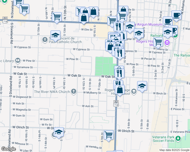 map of restaurants, bars, coffee shops, grocery stores, and more near 830 South 11th Street in Rogers