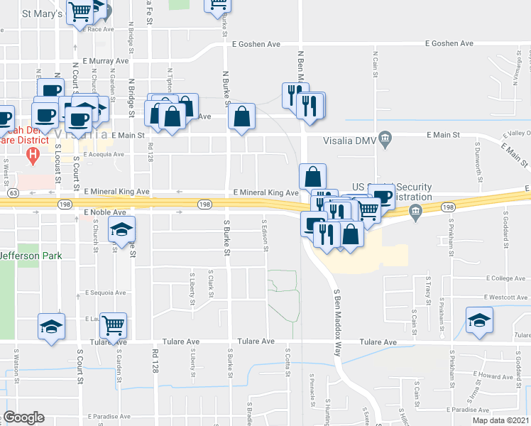 map of restaurants, bars, coffee shops, grocery stores, and more near 1107 East Noble Avenue in Visalia